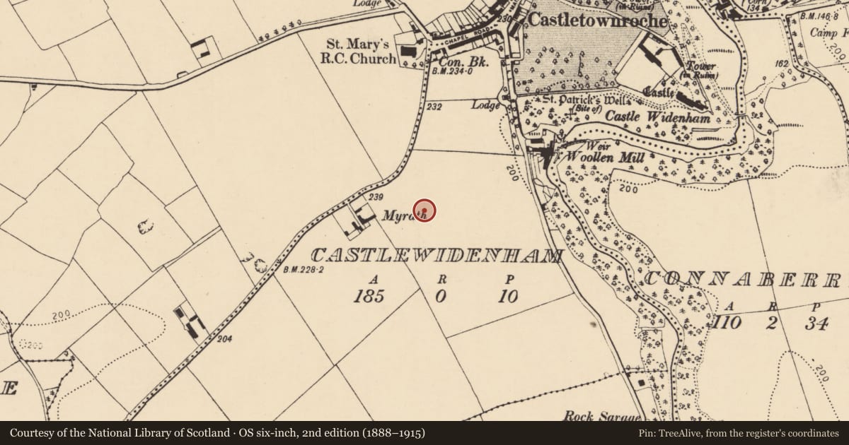 Ordnance Survey six-inch map, 2nd edition (1888–1915) covering the location of Ringfort - rath, Castlewidenham, County Cork, with a pin at the register's coordinates