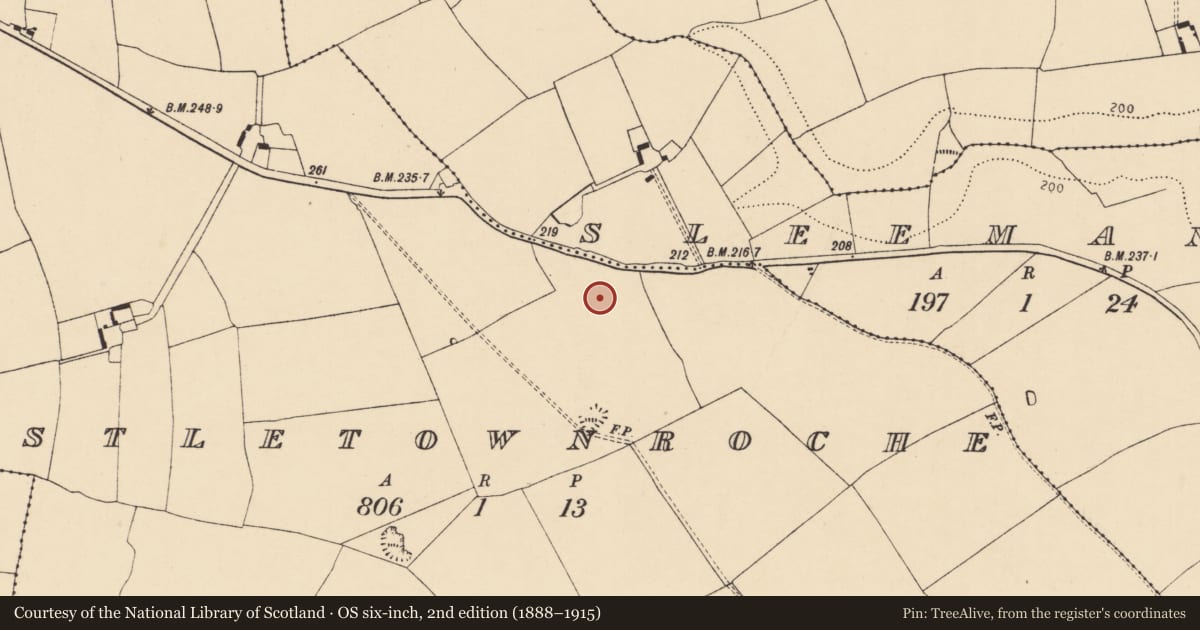 Ordnance Survey six-inch map, 2nd edition (1888–1915) covering the location of Fulacht fia, Castletownroche, County Cork, with a pin at the register's coordinates