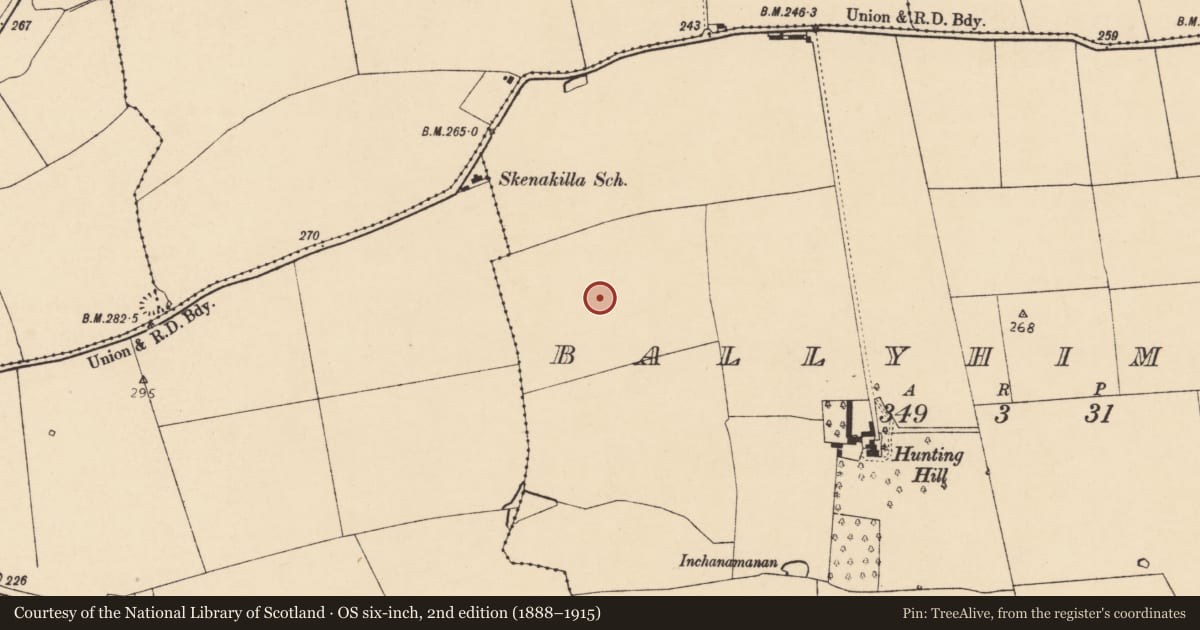 Ordnance Survey six-inch map, 2nd edition (1888–1915) covering the location of Enclosure, Ballyhimock, County Cork, with a pin at the register's coordinates