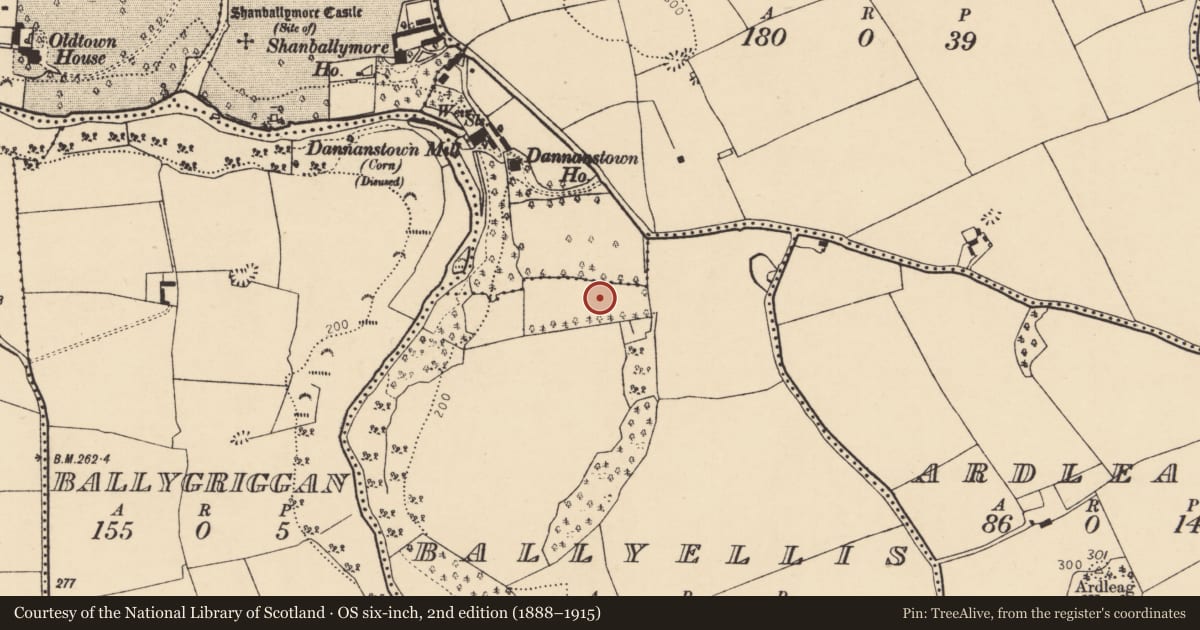 Ordnance Survey six-inch map, 2nd edition (1888–1915) covering the location of Enclosure, Ballyellis (Fermoy By., Templeroan Par.), County Cork, with a pin at the register's coordinates