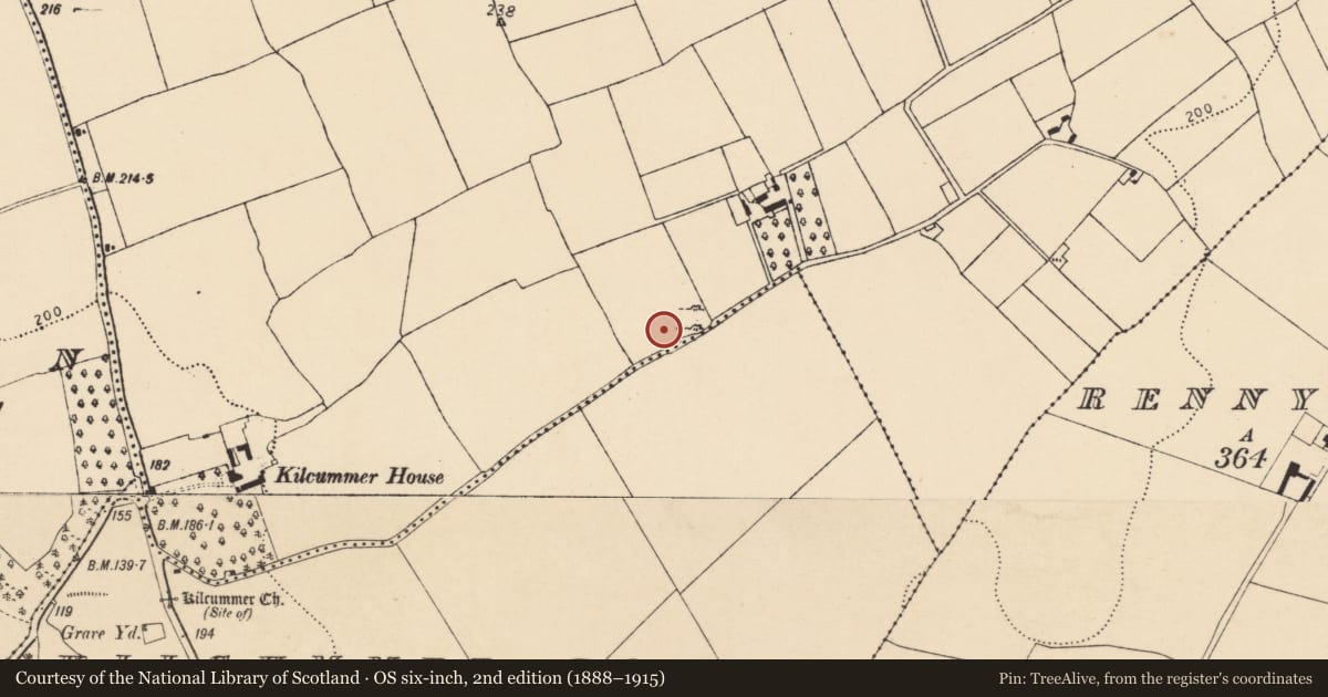 Ordnance Survey six-inch map, 2nd edition (1888–1915) covering the location of Enclosure, Kilcummer Upper, County Cork, with a pin at the register's coordinates