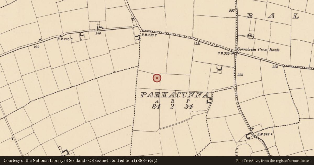 Ordnance Survey six-inch map, 2nd edition (1888–1915) covering the location of Enclosure, Parkacunna, County Cork, with a pin at the register's coordinates