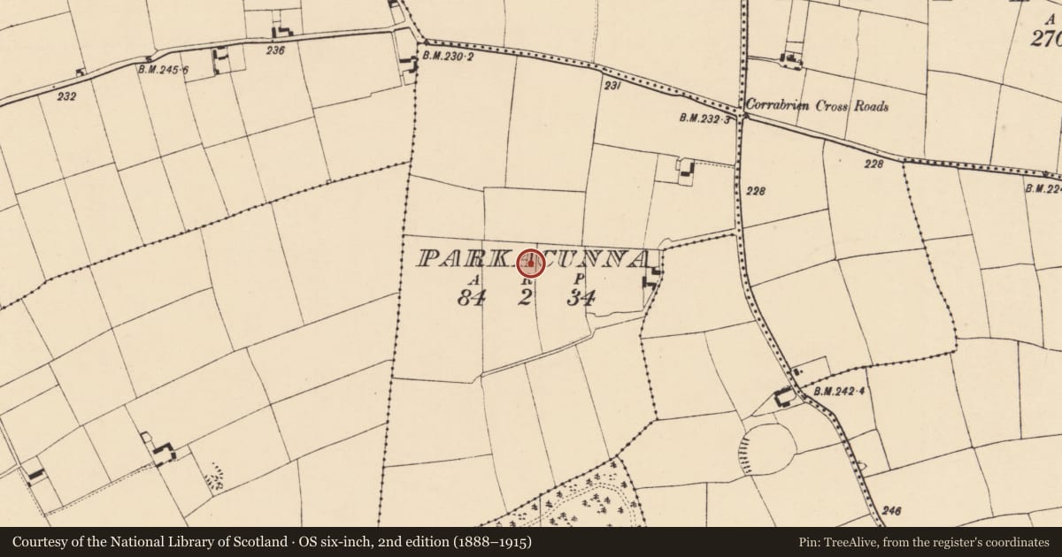 Ordnance Survey six-inch map, 2nd edition (1888–1915) covering the location of Enclosure, Parkacunna, County Cork, with a pin at the register's coordinates