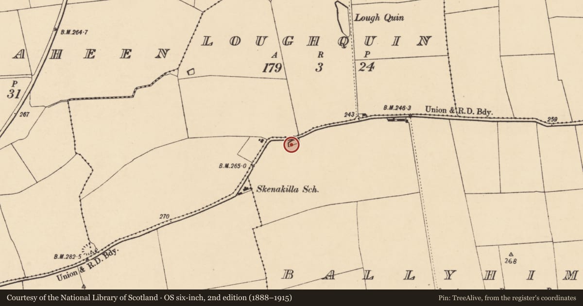 Ordnance Survey six-inch map, 2nd edition (1888–1915) covering the location of Burnt mound, Ballyhimock, County Cork, with a pin at the register's coordinates
