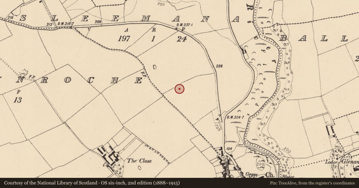Ordnance Survey six-inch map, 2nd edition (1888–1915) covering the location of Enclosure, Sleemana, County Cork, with a pin at the register's coordinates