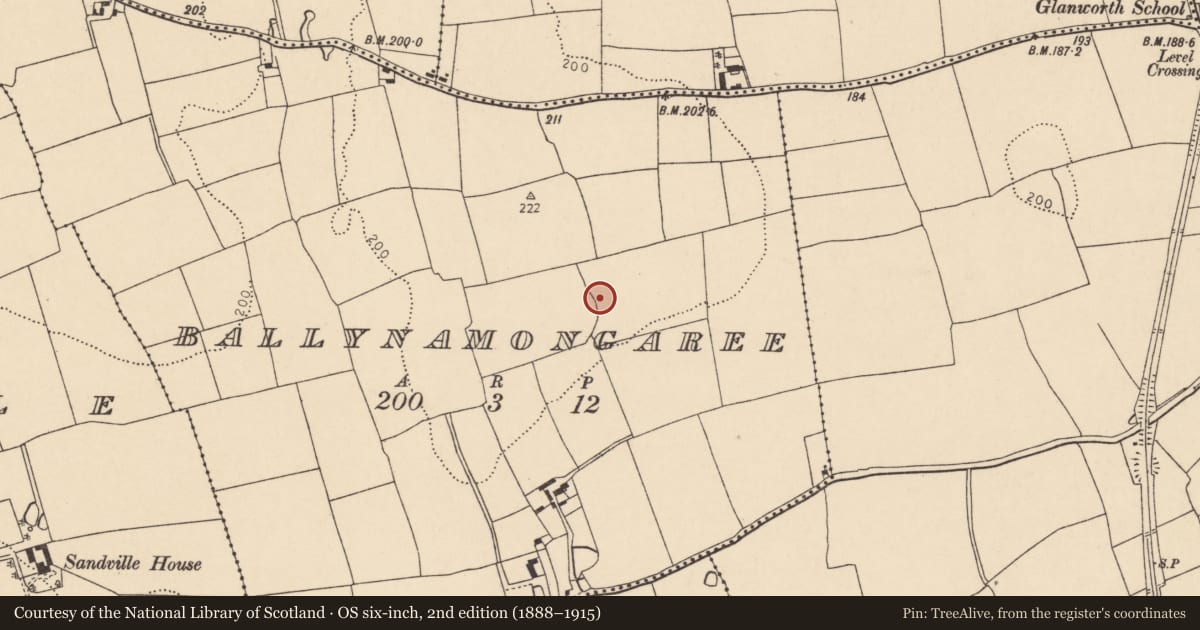 Ordnance Survey six-inch map, 2nd edition (1888–1915) covering the location of Enclosure, Ballynamongaree, County Cork, with a pin at the register's coordinates