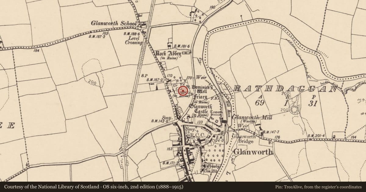 Ordnance Survey six-inch map, 2nd edition (1888–1915) covering the location of Graveyard, Boherash, County Cork, with a pin at the register's coordinates