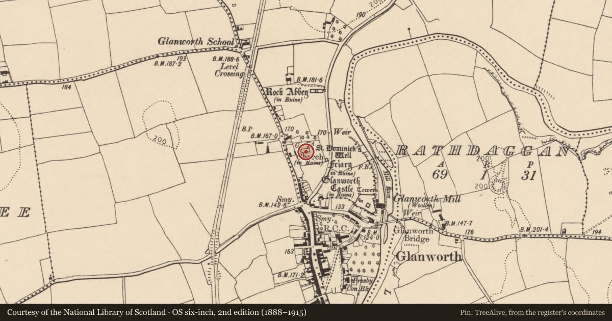 Ordnance Survey six-inch map, 2nd edition (1888–1915) covering the location of Church, Boherash, County Cork, with a pin at the register's coordinates