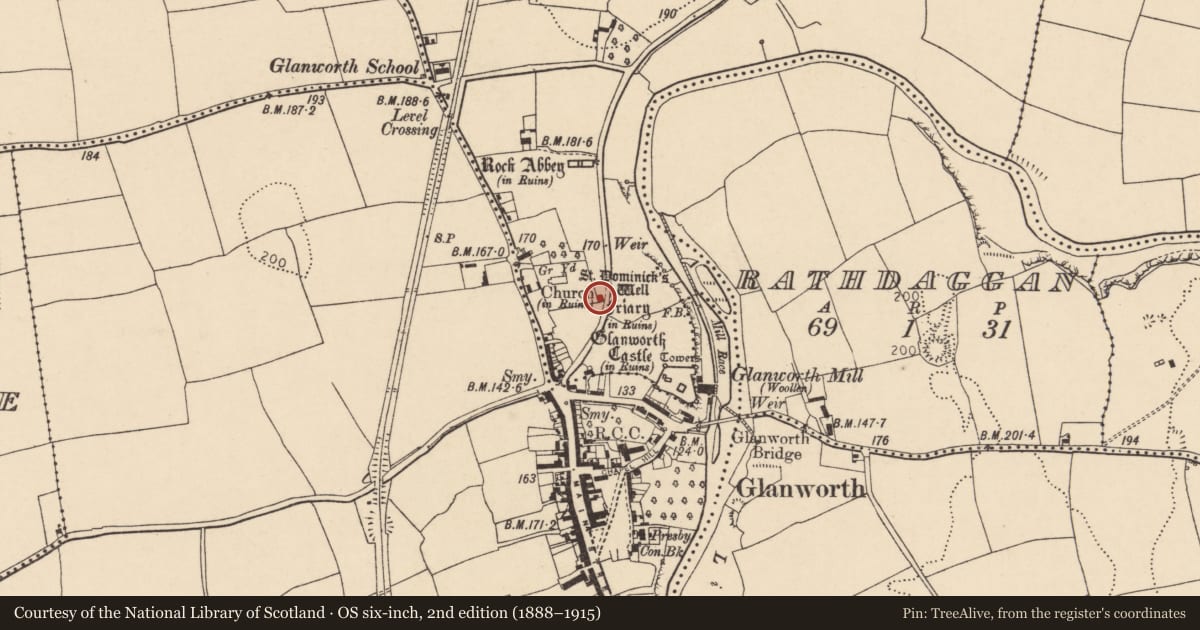 Ordnance Survey six-inch map, 2nd edition (1888–1915) covering the location of Church, Boherash, County Cork, with a pin at the register's coordinates