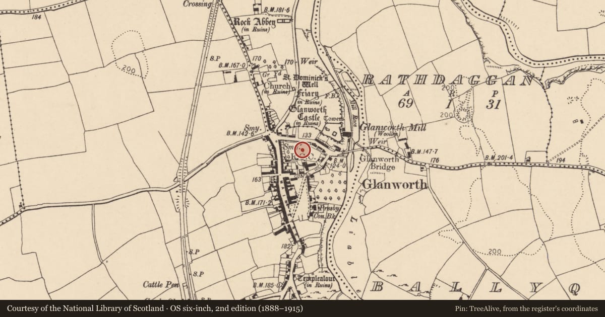 Ordnance Survey six-inch map, 2nd edition (1888–1915) covering the location of Historic town, Boherash, Glanworth, County Cork, with a pin at the register's coordinates