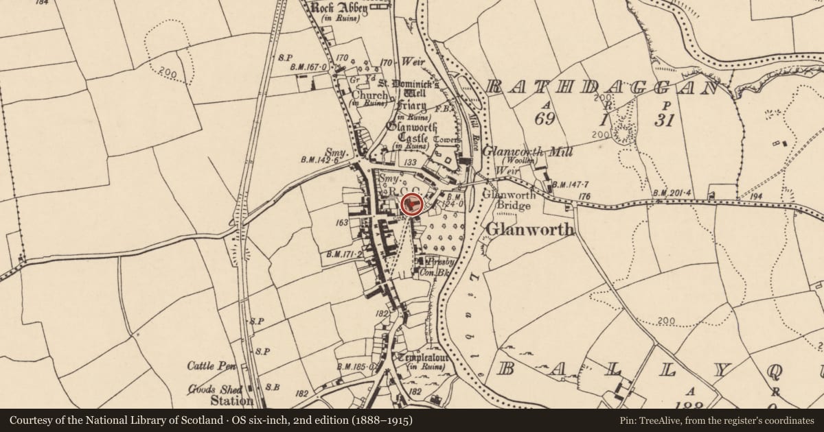 Ordnance Survey six-inch map, 2nd edition (1888–1915) covering the location of Church, Glanworth, County Cork, with a pin at the register's coordinates