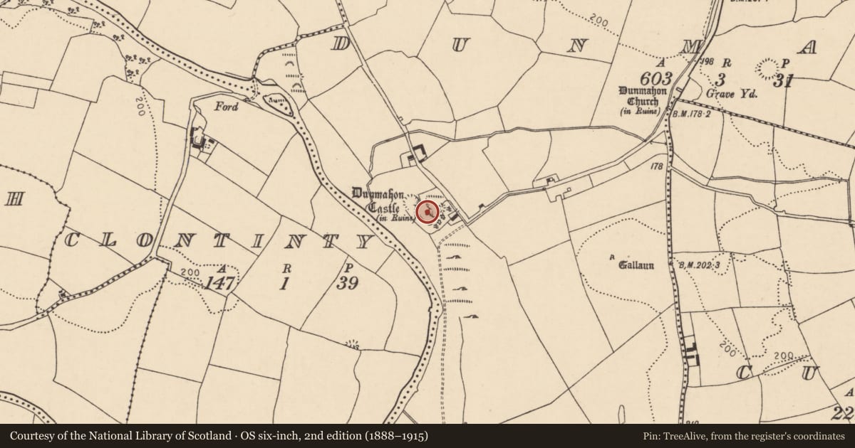 Ordnance Survey six-inch map, 2nd edition (1888–1915) covering the location of Castle - tower house, Dunmahon, County Cork, with a pin at the register's coordinates