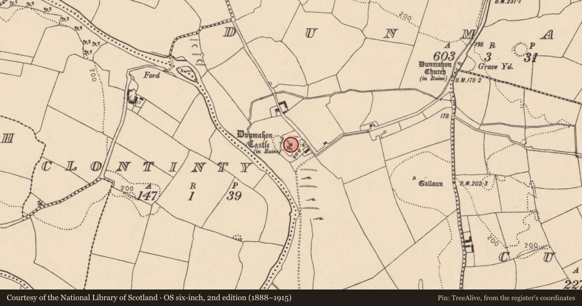 Ordnance Survey six-inch map, 2nd edition (1888–1915) covering the location of Bawn, Dunmahon, County Cork, with a pin at the register's coordinates