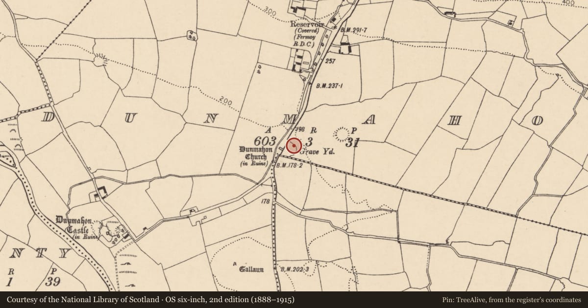 Ordnance Survey six-inch map, 2nd edition (1888–1915) covering the location of Graveyard, Dunmahon, County Cork, with a pin at the register's coordinates