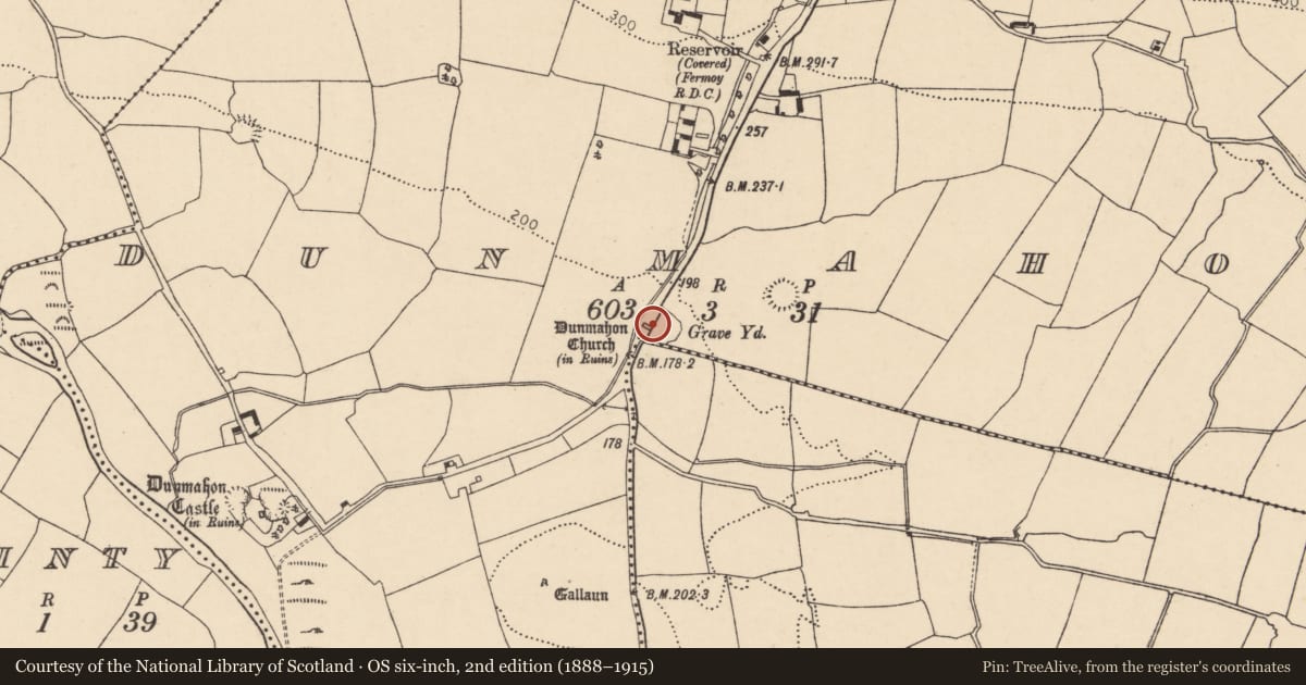 Ordnance Survey six-inch map, 2nd edition (1888–1915) covering the location of Church, Dunmahon, County Cork, with a pin at the register's coordinates