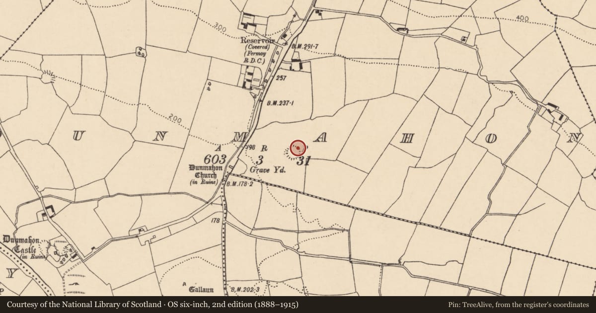 Ordnance Survey six-inch map, 2nd edition (1888–1915) covering the location of Ringfort - rath, Dunmahon, County Cork, with a pin at the register's coordinates