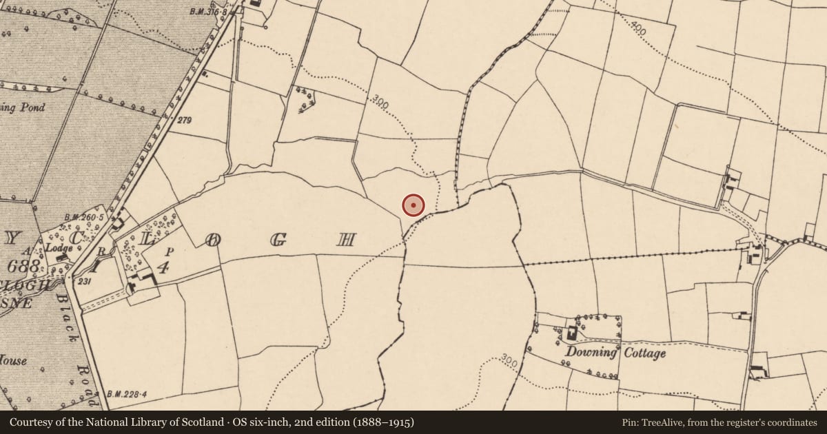 Ordnance Survey six-inch map, 2nd edition (1888–1915) covering the location of Fulacht fia, Ballyclogh, County Cork, with a pin at the register's coordinates