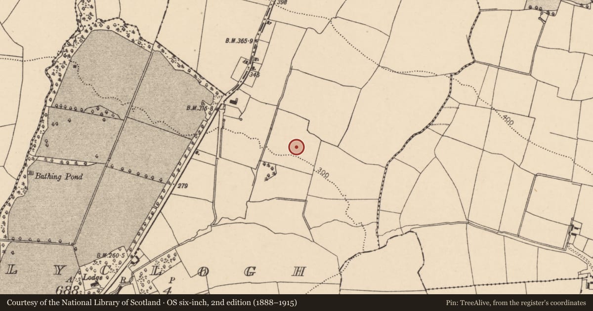 Ordnance Survey six-inch map, 2nd edition (1888–1915) covering the location of Fulacht fia, Ballyclogh, County Cork, with a pin at the register's coordinates