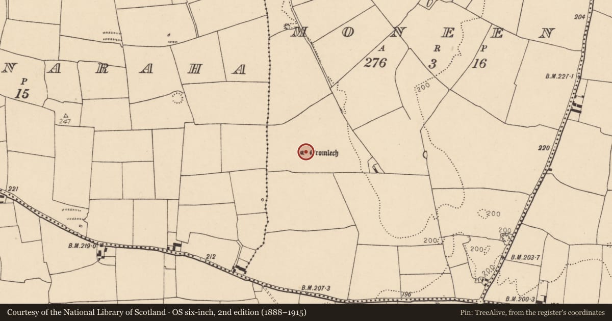 Ordnance Survey six-inch map, 2nd edition (1888–1915) covering the location of Cist, Moneen, County Cork, with a pin at the register's coordinates