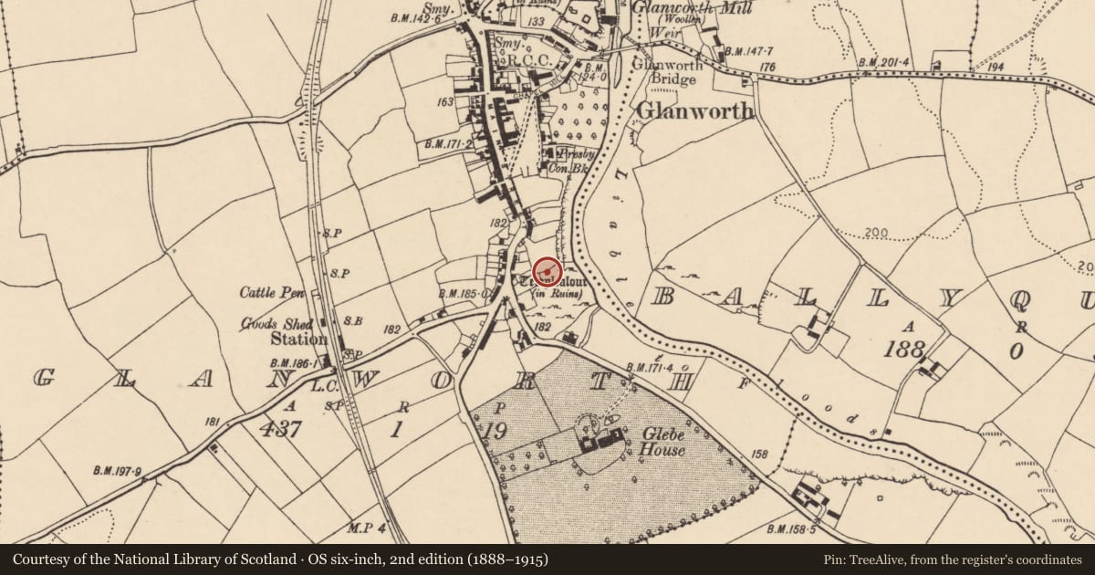 Ordnance Survey six-inch map, 2nd edition (1888–1915) covering the location of Church, Glanworth, County Cork, with a pin at the register's coordinates