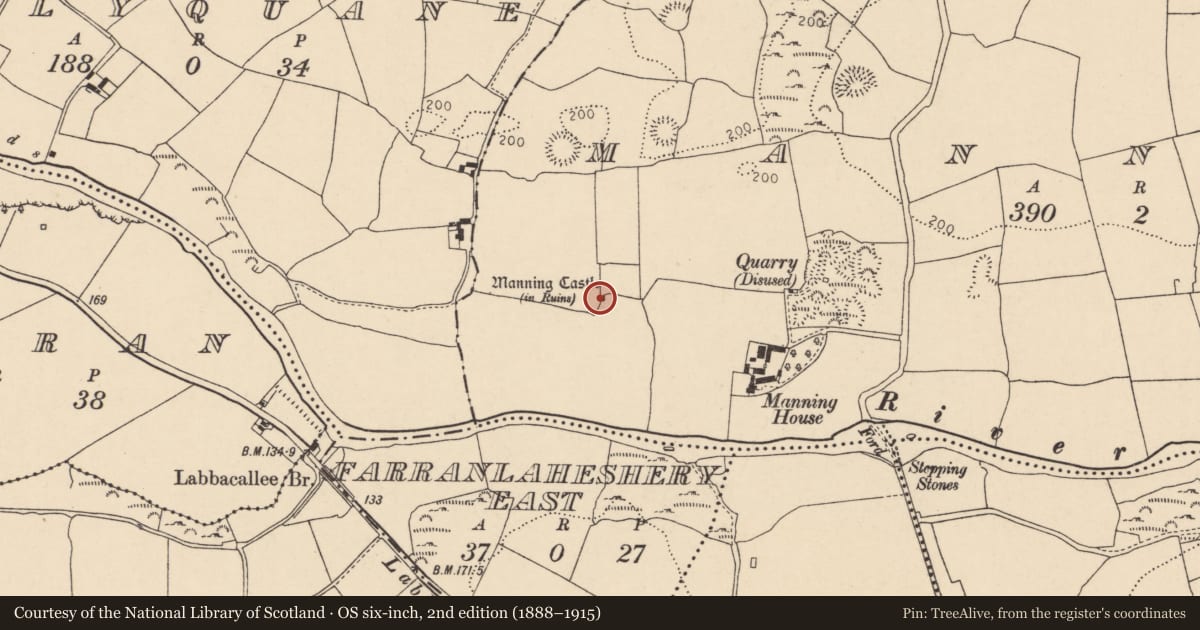 Ordnance Survey six-inch map, 2nd edition (1888–1915) covering the location of Bawn, Manning, County Cork, with a pin at the register's coordinates