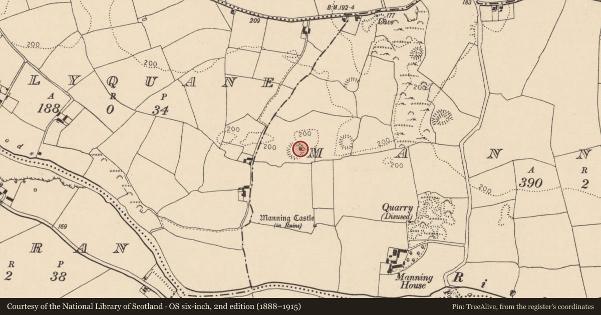 Ordnance Survey six-inch map, 2nd edition (1888–1915) covering the location of Ringfort - rath, Manning, County Cork, with a pin at the register's coordinates