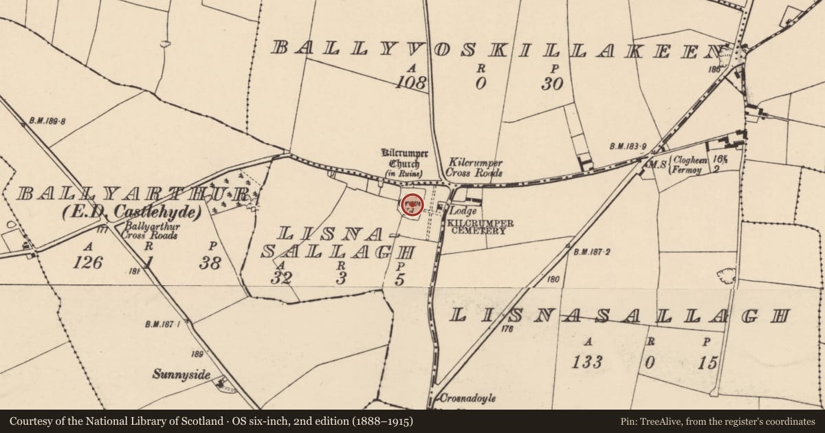 Ordnance Survey six-inch map, 2nd edition (1888–1915) covering the location of Graveyard, Lisnasallagh, County Cork, with a pin at the register's coordinates