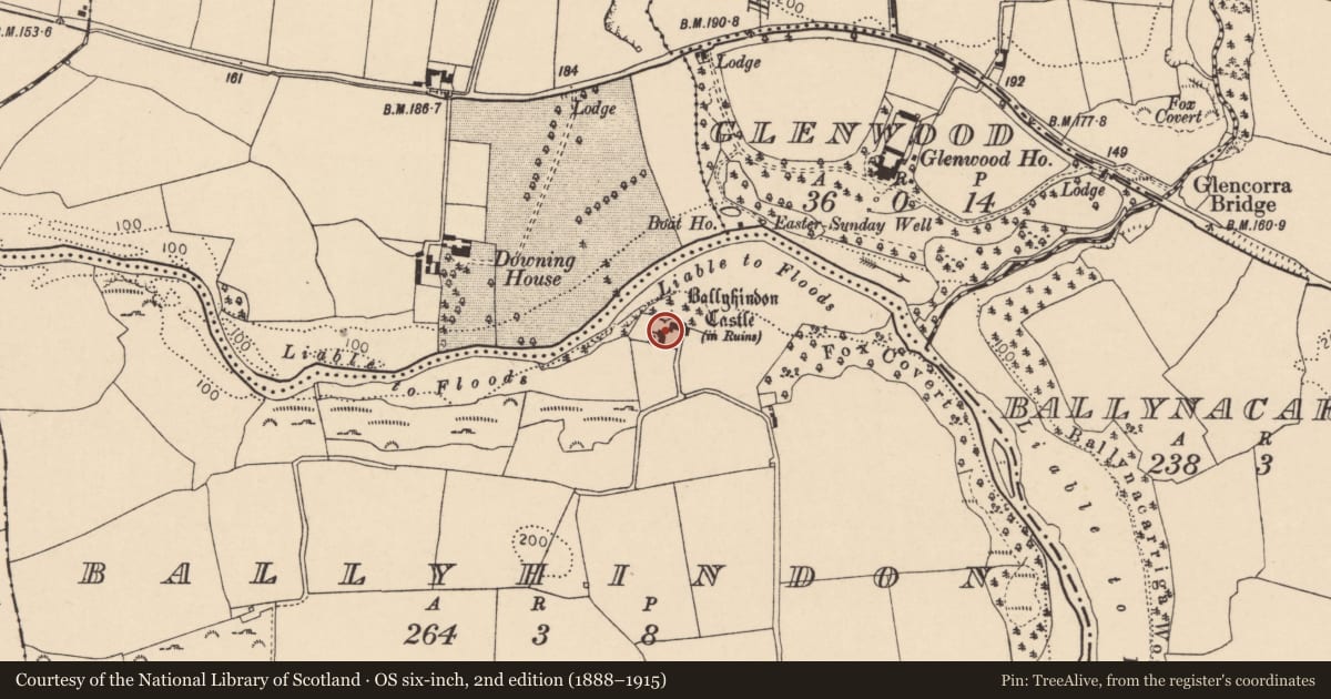 Ordnance Survey six-inch map, 2nd edition (1888–1915) covering the location of Country house, Ballyhindon, County Cork, with a pin at the register's coordinates