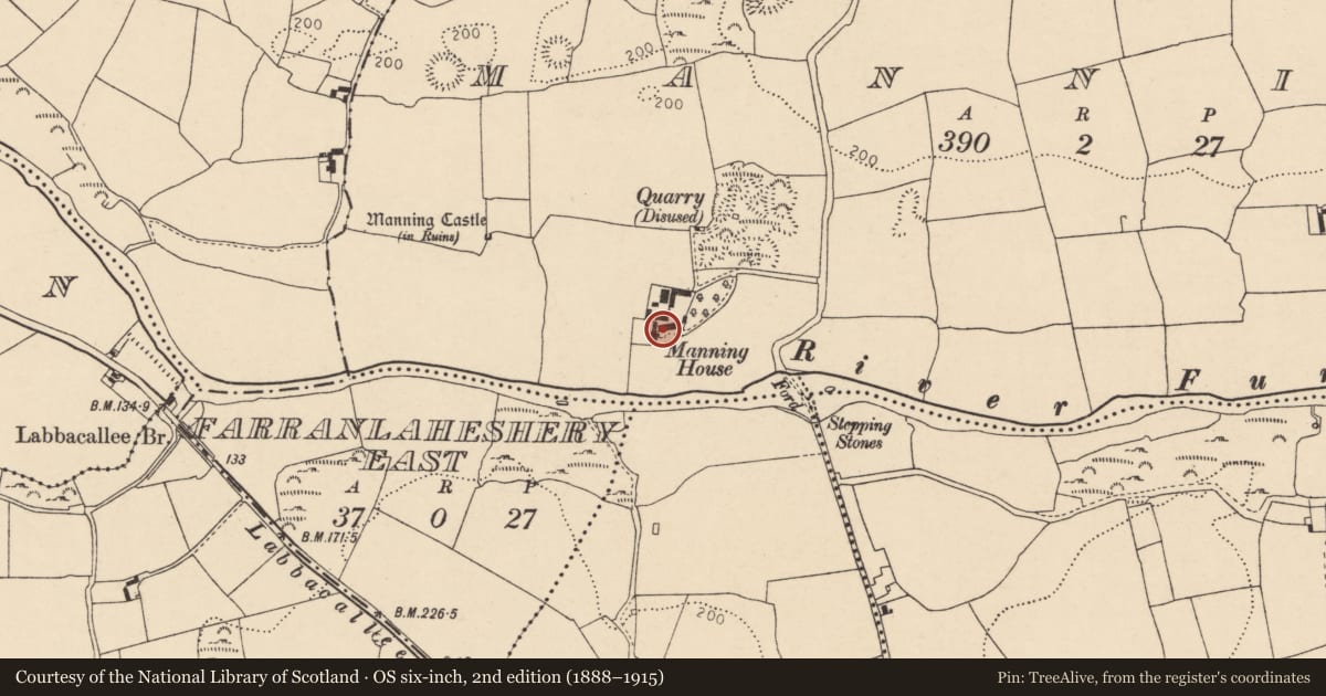 Ordnance Survey six-inch map, 2nd edition (1888–1915) covering the location of Country house, Manning, County Cork, with a pin at the register's coordinates