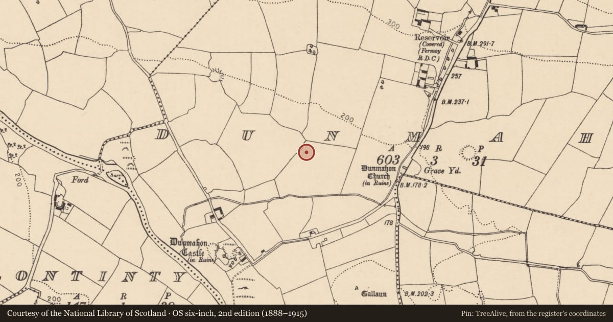 Ordnance Survey six-inch map, 2nd edition (1888–1915) covering the location of Fulacht fia, Dunmahon, County Cork, with a pin at the register's coordinates