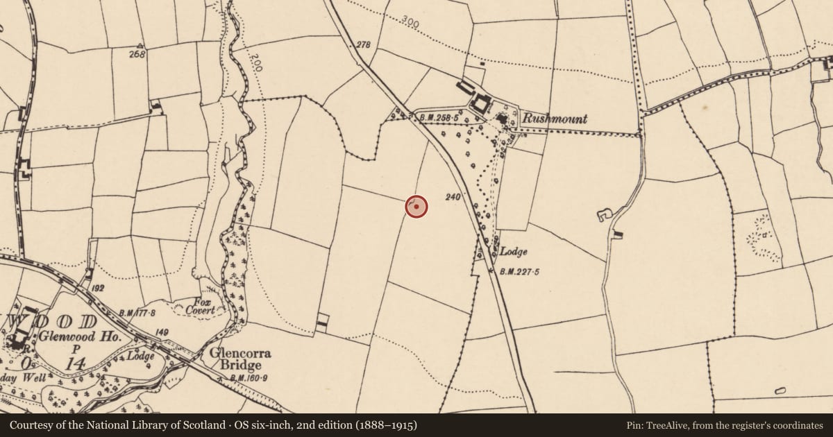 Ordnance Survey six-inch map, 2nd edition (1888–1915) covering the location of Ringfort - rath, Ballynacarriga, County Cork, with a pin at the register's coordinates