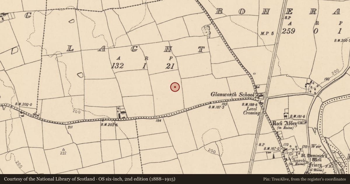 Ordnance Survey six-inch map, 2nd edition (1888–1915) covering the location of Enclosure, Laght, County Cork, with a pin at the register's coordinates