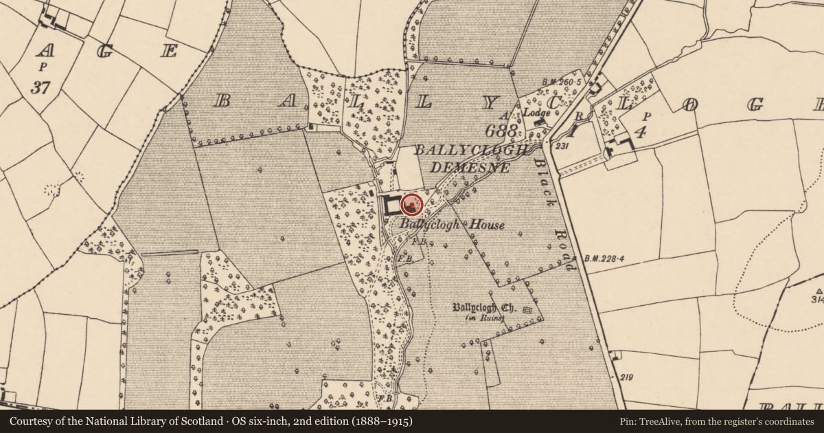 Ordnance Survey six-inch map, 2nd edition (1888–1915) covering the location of Country house, Ballyclogh, County Cork, with a pin at the register's coordinates