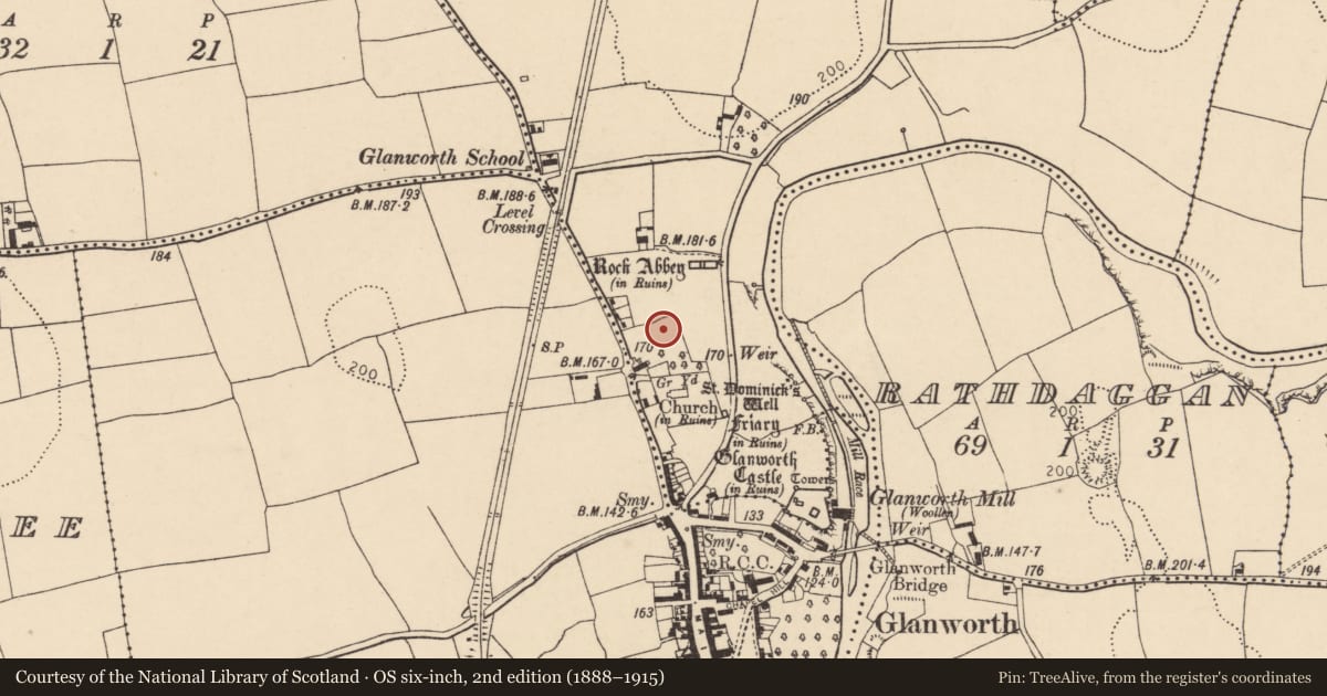 Ordnance Survey six-inch map, 2nd edition (1888–1915) covering the location of Hut site, Boherash, County Cork, with a pin at the register's coordinates