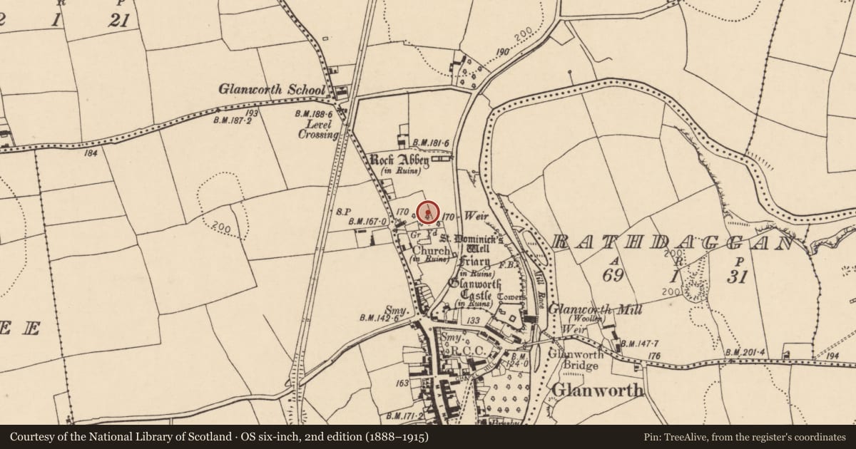 Ordnance Survey six-inch map, 2nd edition (1888–1915) covering the location of Kiln - corn-drying, Boherash, County Cork, with a pin at the register's coordinates