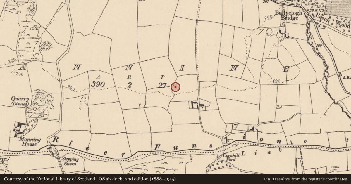 Ordnance Survey six-inch map, 2nd edition (1888–1915) covering the location of Souterrain, Manning, County Cork, with a pin at the register's coordinates