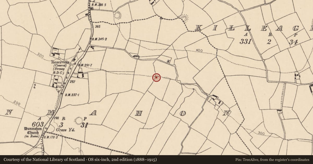 Ordnance Survey six-inch map, 2nd edition (1888–1915) covering the location of Burnt mound, Dunmahon, County Cork, with a pin at the register's coordinates