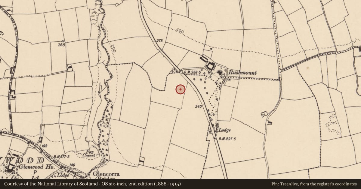 Ordnance Survey six-inch map, 2nd edition (1888–1915) covering the location of Enclosure, Ballynacarriga, County Cork, with a pin at the register's coordinates