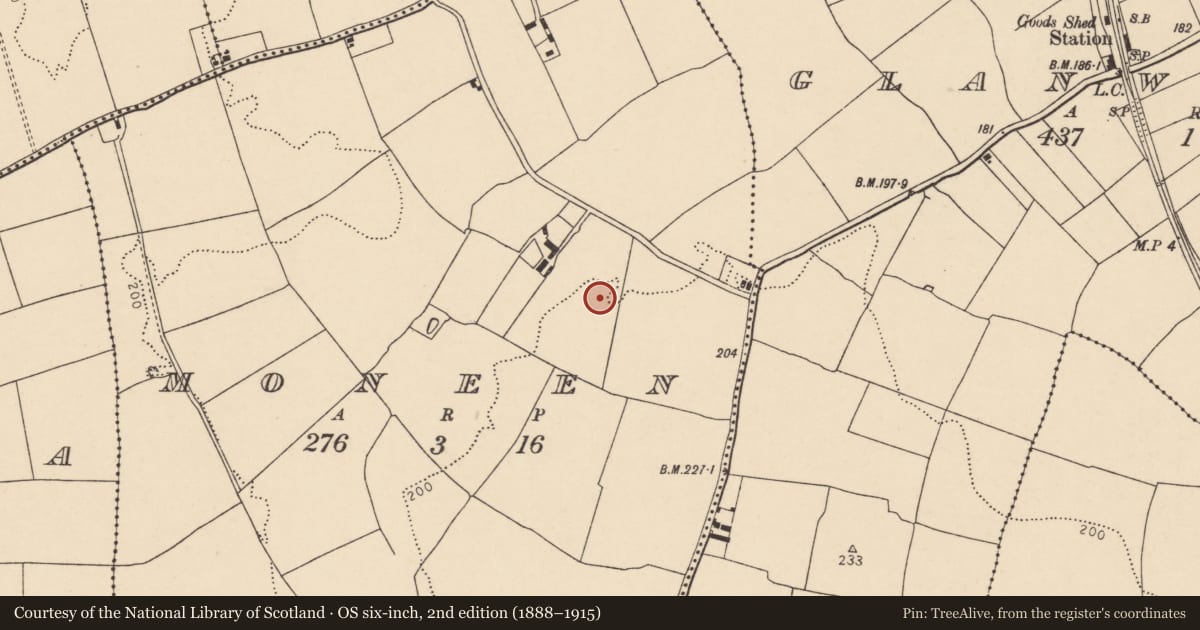 Ordnance Survey six-inch map, 2nd edition (1888–1915) covering the location of Enclosure, Moneen, County Cork, with a pin at the register's coordinates