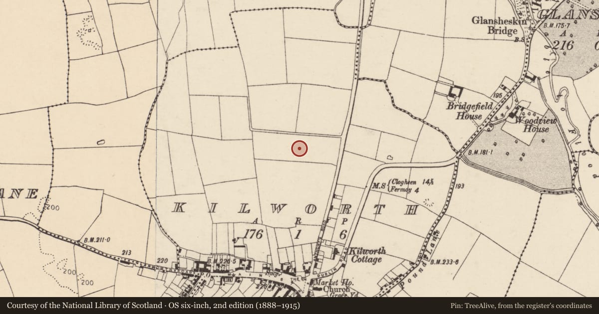 Ordnance Survey six-inch map, 2nd edition (1888–1915) covering the location of Quarry, Kilworth, County Cork, with a pin at the register's coordinates