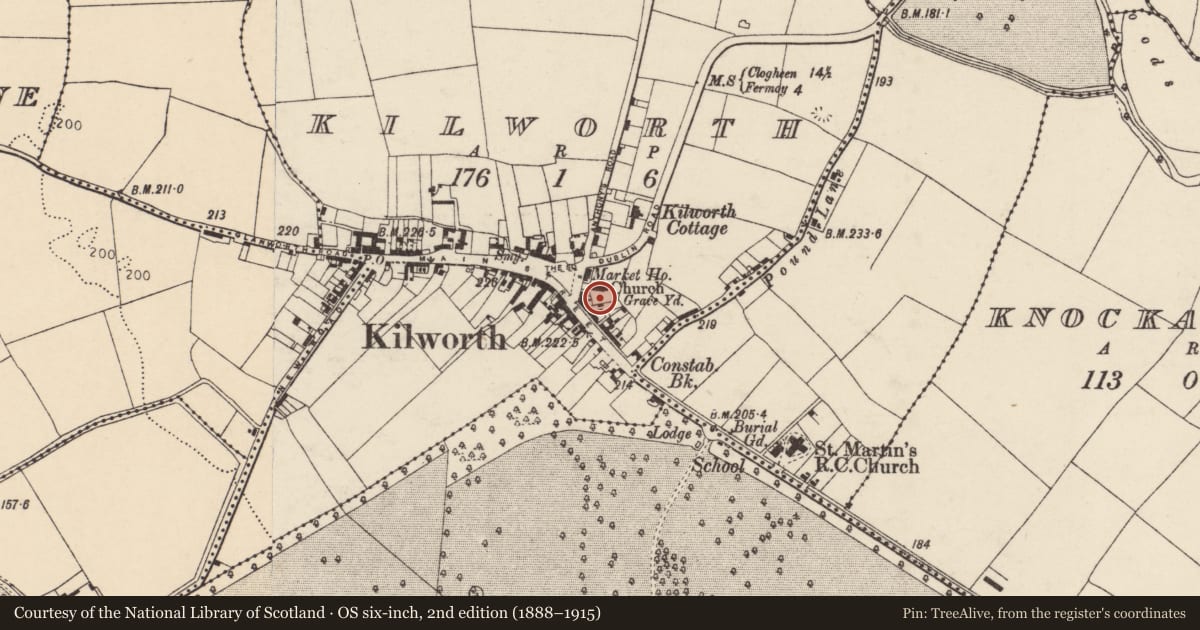 Ordnance Survey six-inch map, 2nd edition (1888–1915) covering the location of Graveyard, Kilworth, County Cork, with a pin at the register's coordinates