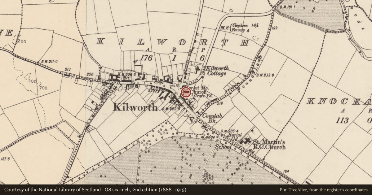 Ordnance Survey six-inch map, 2nd edition (1888–1915) covering the location of Church, Kilworth, County Cork, with a pin at the register's coordinates
