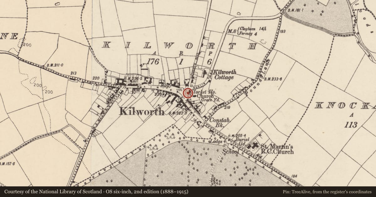 Ordnance Survey six-inch map, 2nd edition (1888–1915) covering the location of Market-house, Kilworth, County Cork, with a pin at the register's coordinates