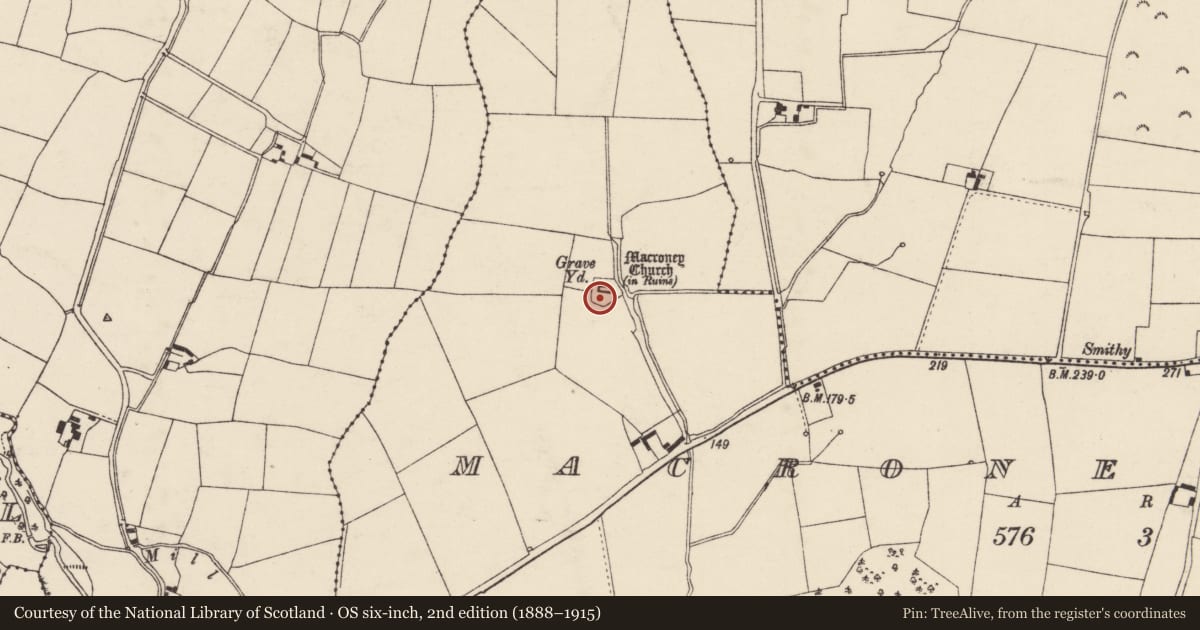 Ordnance Survey six-inch map, 2nd edition (1888–1915) covering the location of Graveyard, MacRoney Lower, County Cork, with a pin at the register's coordinates