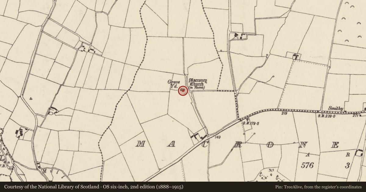 Ordnance Survey six-inch map, 2nd edition (1888–1915) covering the location of Church, MacRoney Lower, County Cork, with a pin at the register's coordinates