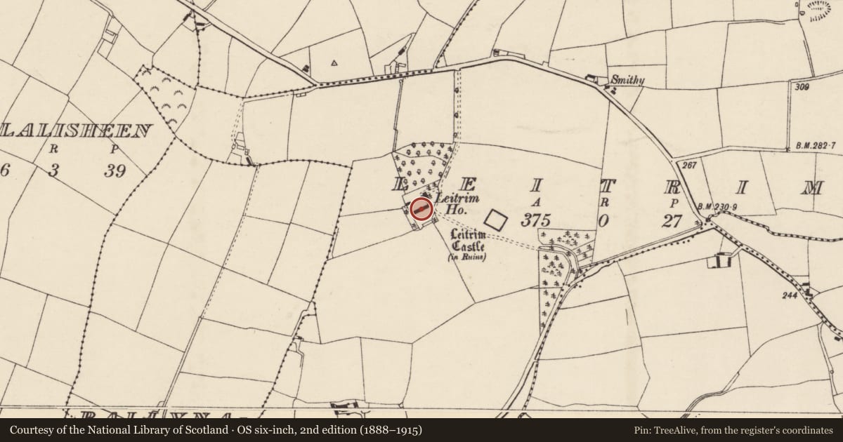 Ordnance Survey six-inch map, 2nd edition (1888–1915) covering the location of Country house, Leitrim, County Cork, with a pin at the register's coordinates