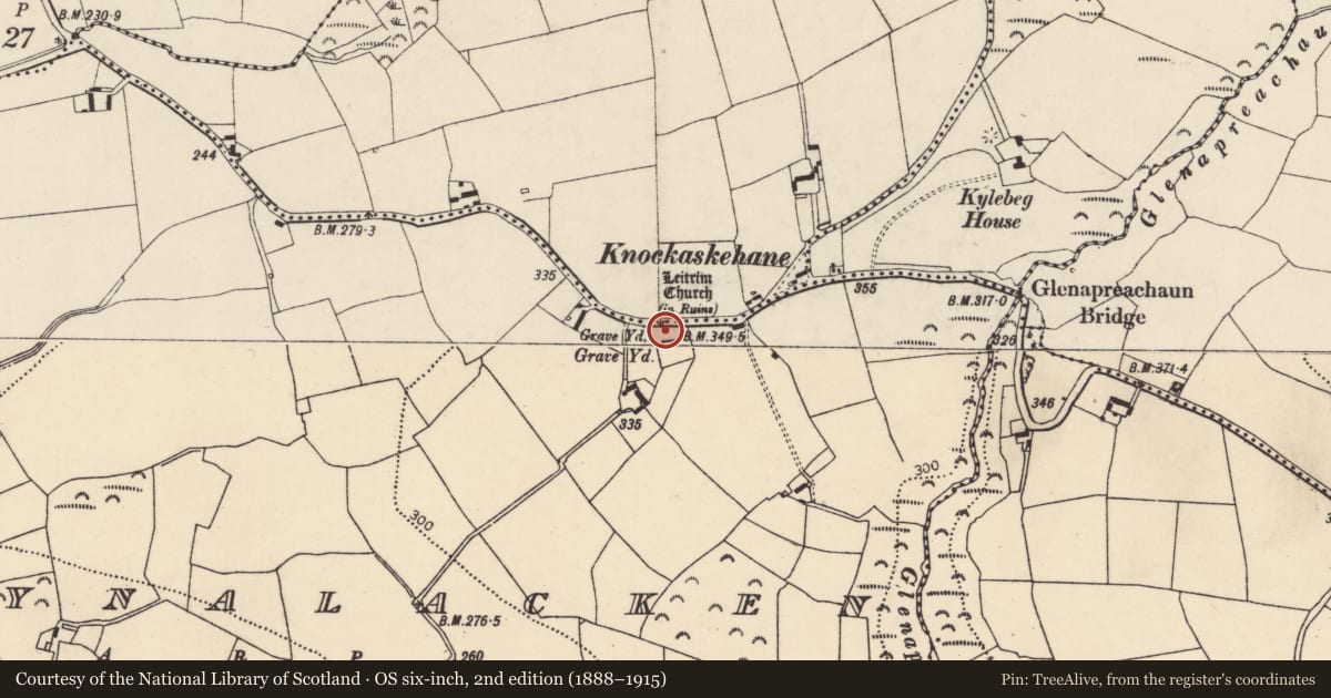 Ordnance Survey six-inch map, 2nd edition (1888–1915) covering the location of Graveyard, Ballynalacken, County Cork, with a pin at the register's coordinates