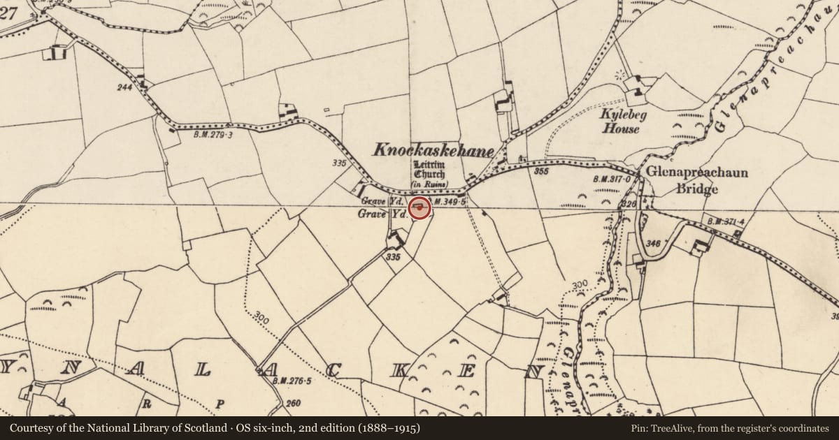 Ordnance Survey six-inch map, 2nd edition (1888–1915) covering the location of Church, Ballynalacken, County Cork, with a pin at the register's coordinates