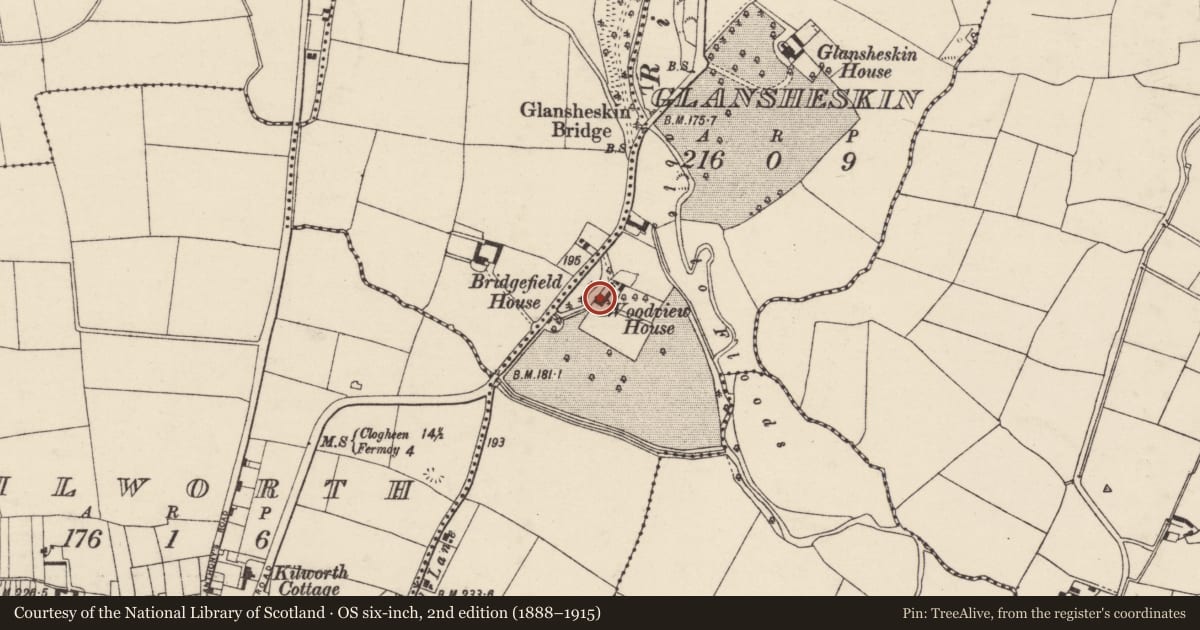 Ordnance Survey six-inch map, 2nd edition (1888–1915) covering the location of Country house, Glansheskin, County Cork, with a pin at the register's coordinates