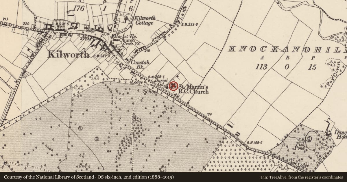 Ordnance Survey six-inch map, 2nd edition (1888–1915) covering the location of Church, Glansheskin, County Cork, with a pin at the register's coordinates